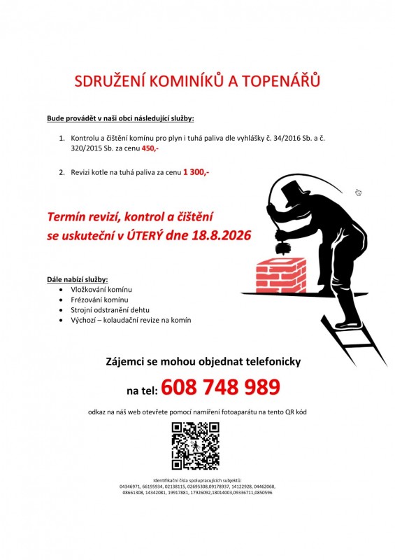 Sdružení kominíků a topenářů 18.8. termín revizí v Morašicích